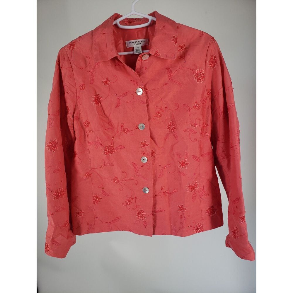 Rafael Coral 100% Silk Floral Embroidered Blazer Button Jacket Size 10 Petite